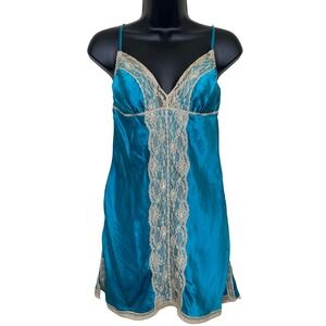Vtg Wet Seal Teal Blue 100% Silk Lace Trim‎ Slip Dress Lingerie L Babydoll Y2K